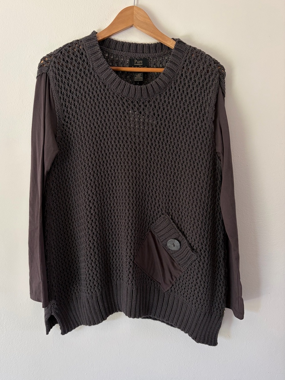 Pure Handknit for Fresh Produce Wish Pullover Charcoal Mixed Media Open Knit Swe